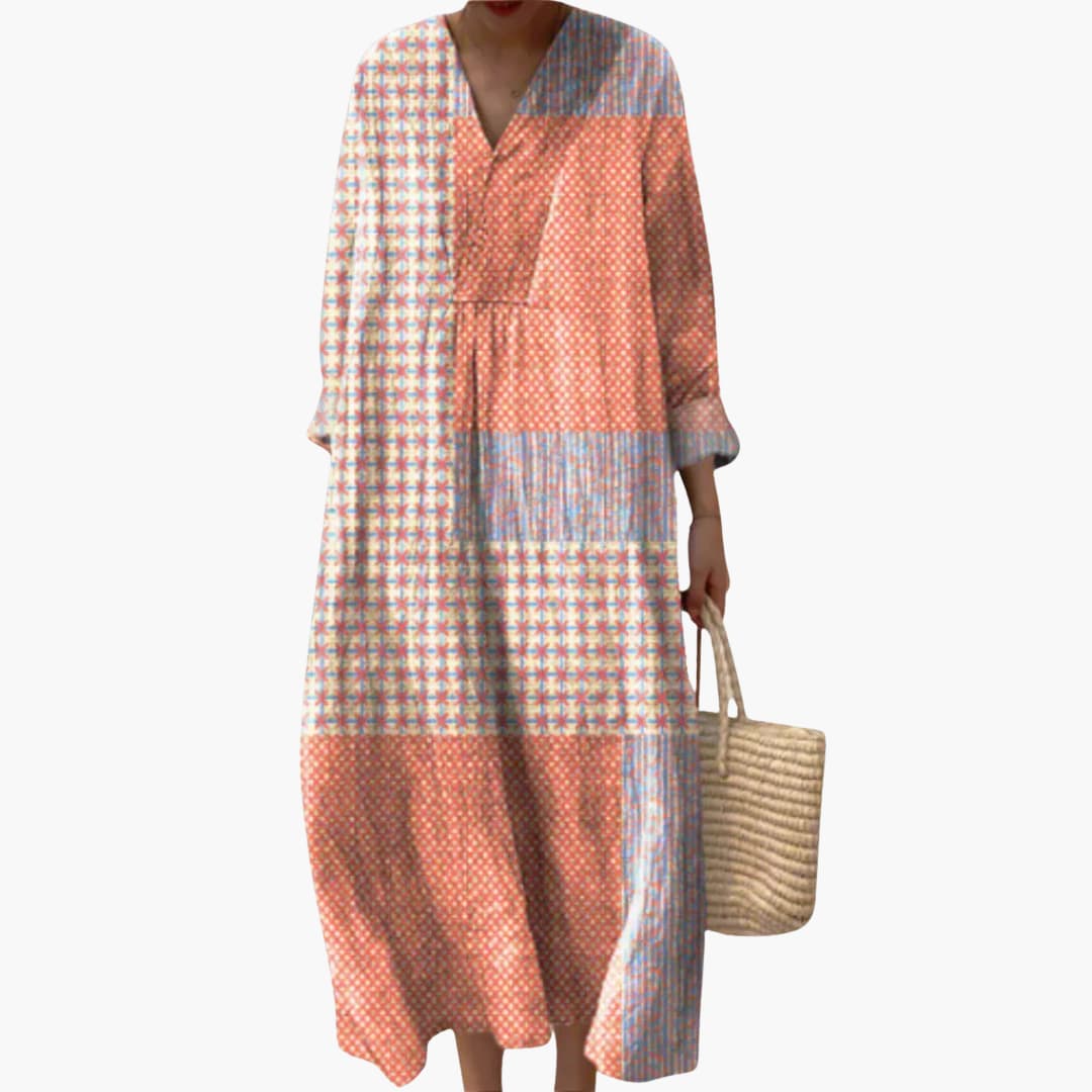 Women’s long sleeve V-neck ankle-length patchwork dress