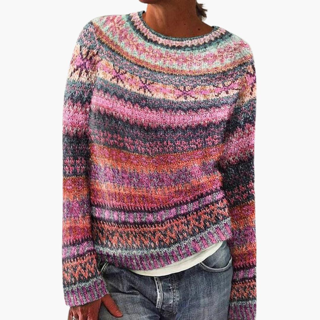 Retro Multicolor Knit Sweater for Women - Cozy & Stylish