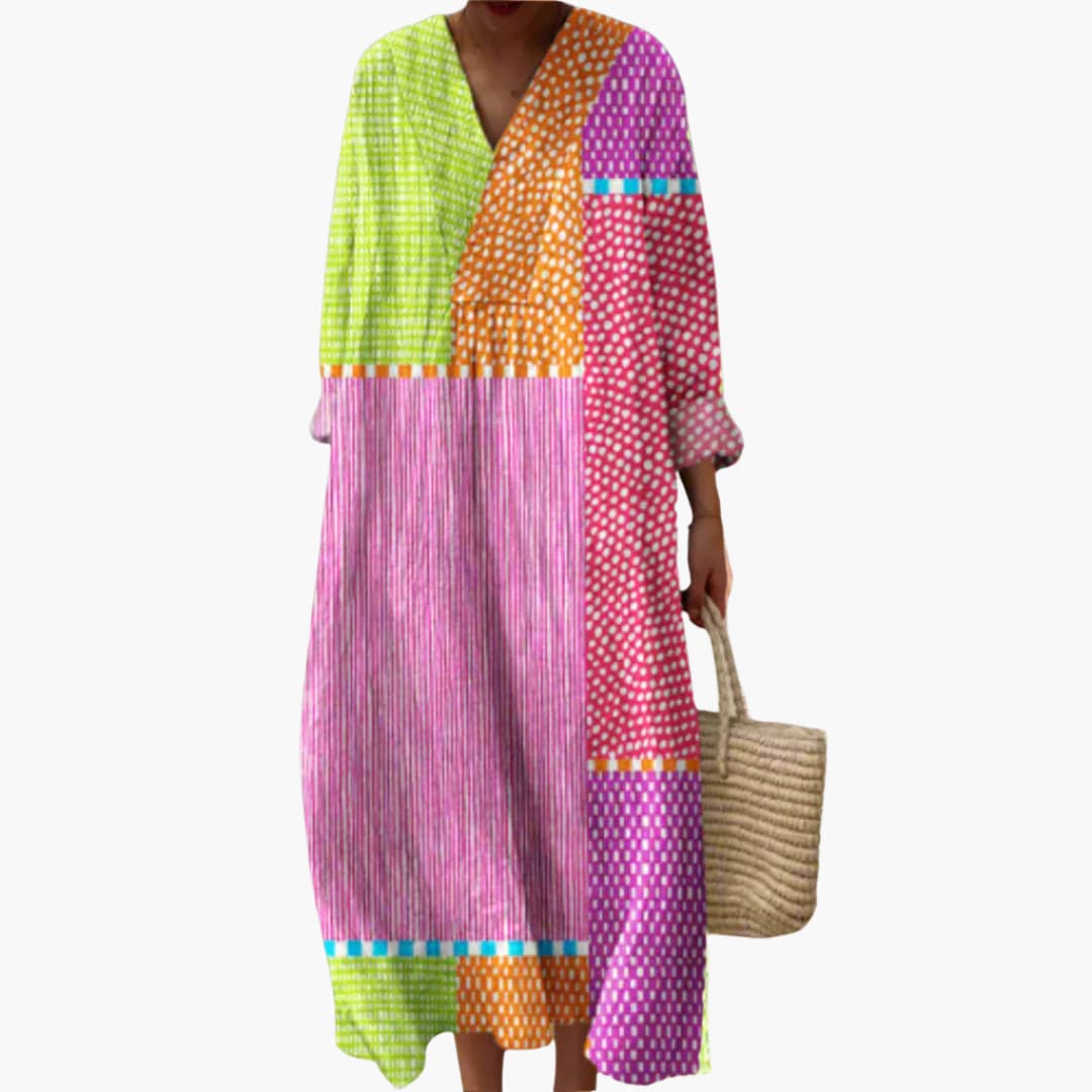 Women’s long sleeve midi dress with patchwork pattern