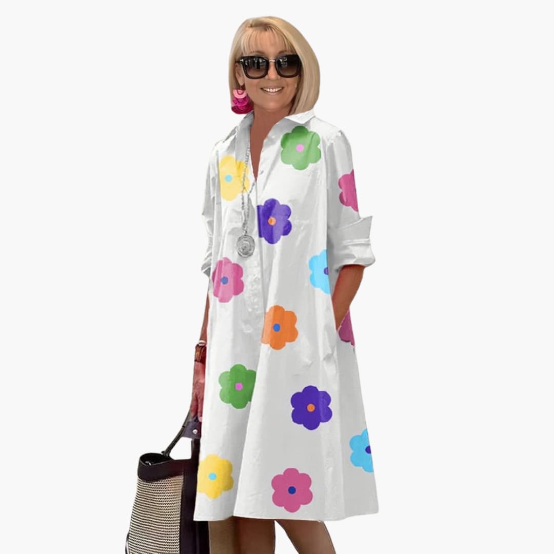 Women’s floral midi dress with roll-tab sleeves and collar