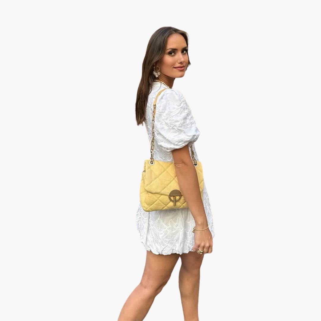 Women’s summer mini dress with puff sleeves and round neckline