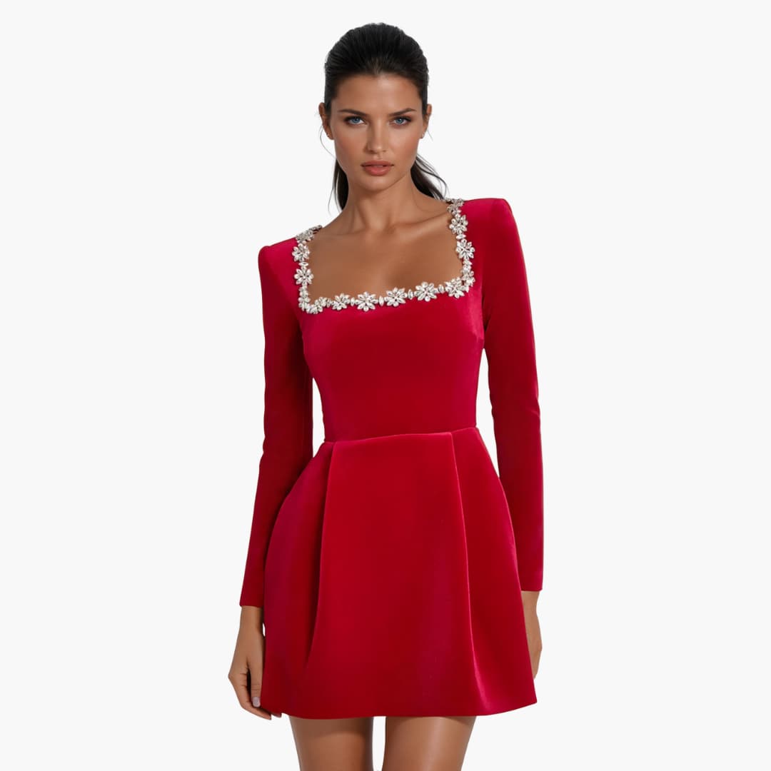 Women’s mini dress with long sleeves and square neckline