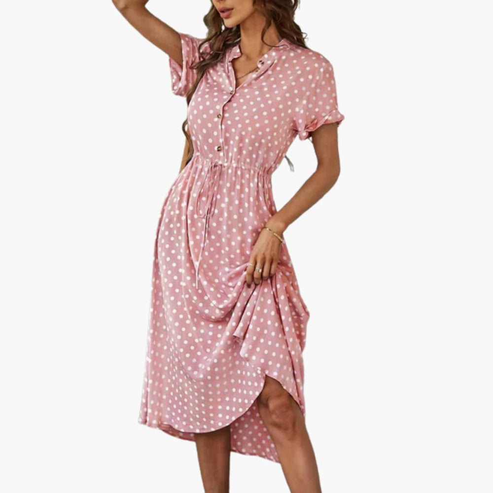 Women’s midi dress with short sleeves and button front
