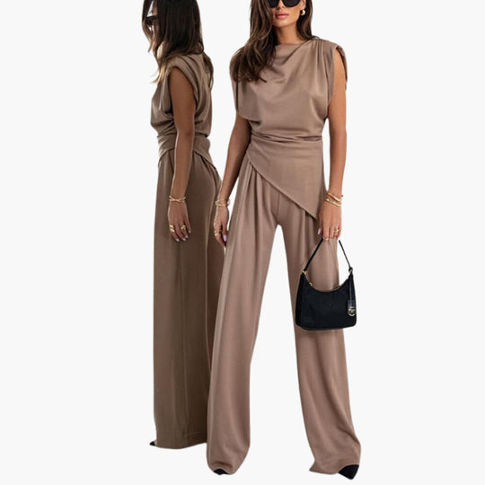 Two-Piece Set - Women’s Elegant Wide Leg Trousers & Top