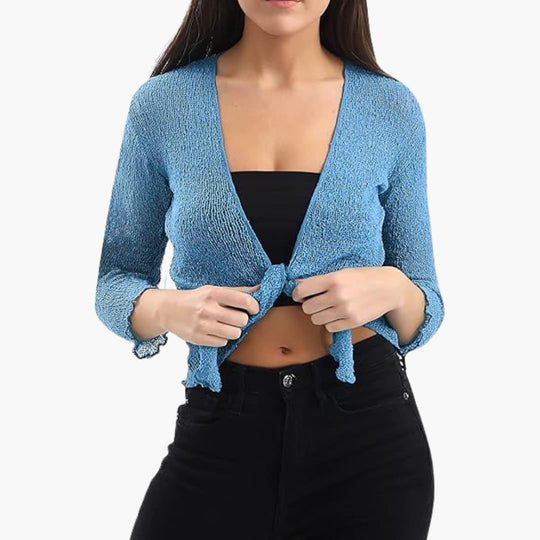 Women’s cropped tie-up shrug with sheer knit sleeves