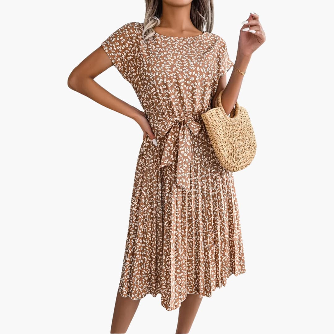 Summer Dress - Women’s Floral Belted Casual Knee-Length Fit