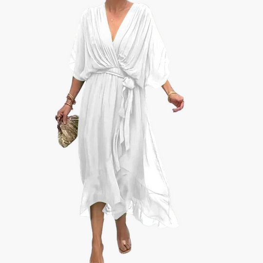 Chiffon Midi Dress with V-Neck and Belt - Women’s Stylish Wear