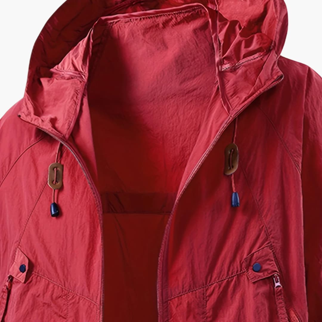 Unisex windbreaker jacket with hood and zip pockets for outdoors