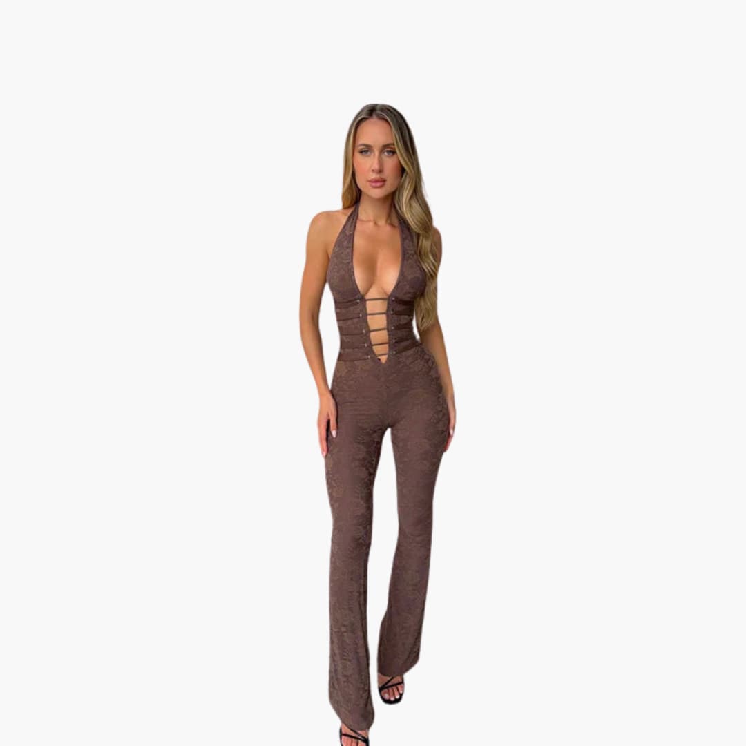 Women’s sleeveless jumpsuit with flared legs and lace-up front