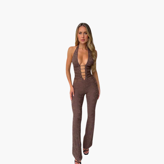 Women’s sleeveless jumpsuit with flared legs and lace-up front