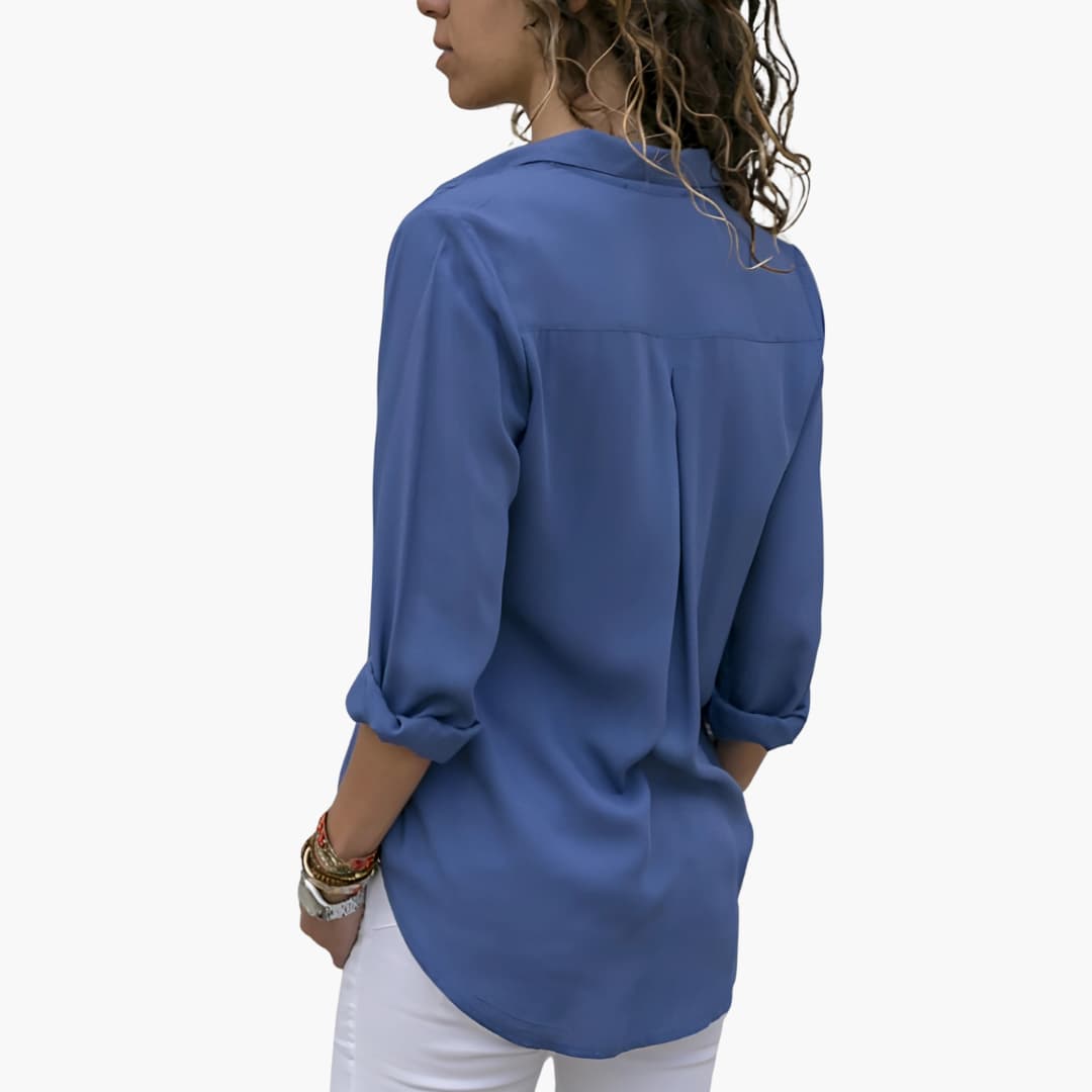 Women’s silk long sleeve blouse with collared V-neck front