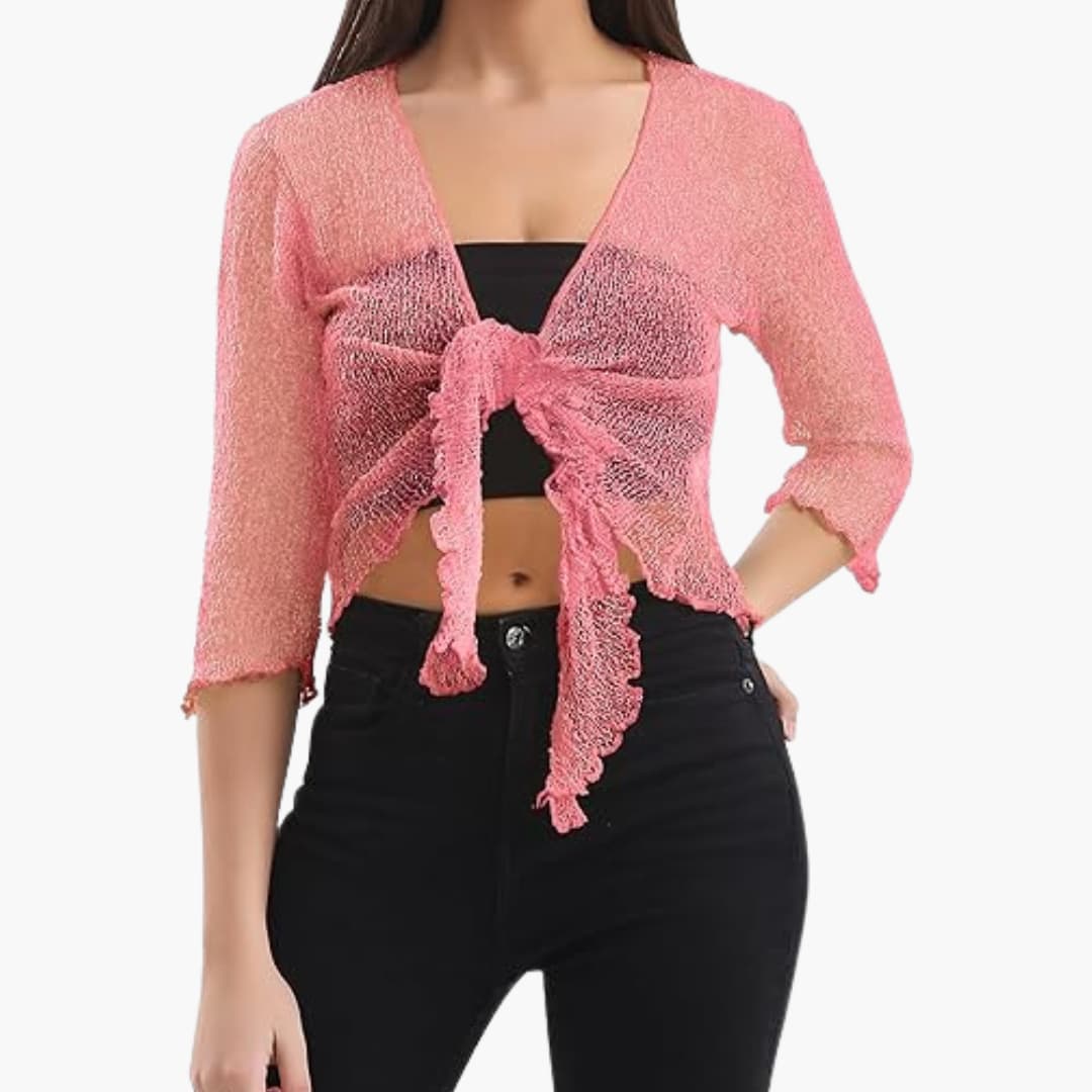 Women’s tie-up bolero top with sheer knit and cropped fit