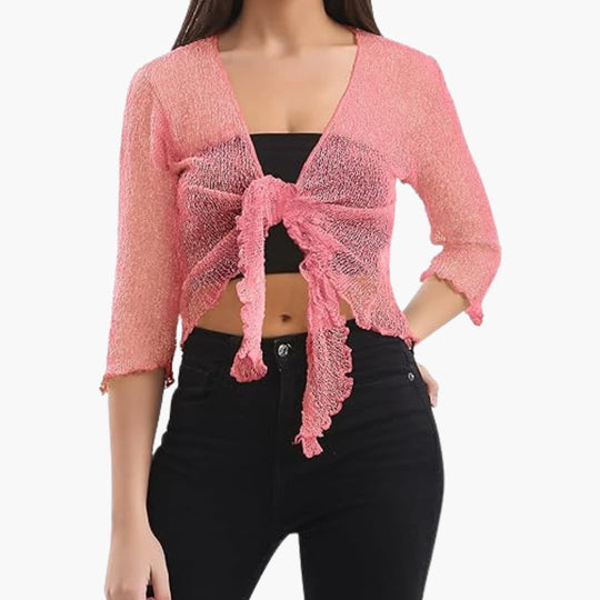 Women’s tie-up bolero top with sheer knit and cropped fit
