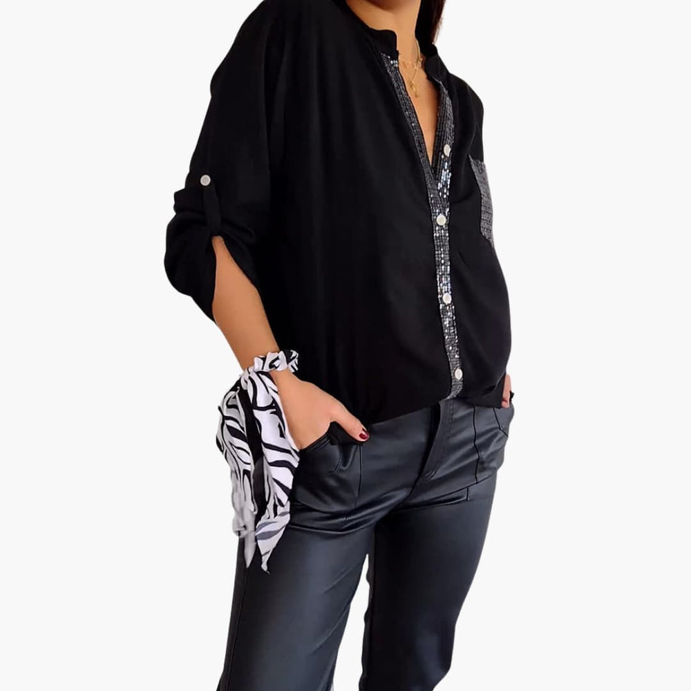 Women’s long sleeve blouse with sequins and V-neckline