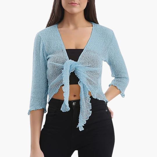 Women’s sheer cropped tie-up shrug with three-quarter sleeves