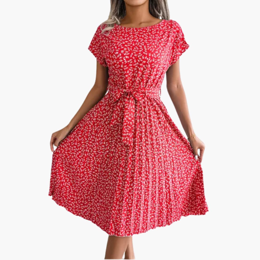 Summer Dress - Women’s Floral Belted Casual Knee-Length Fit