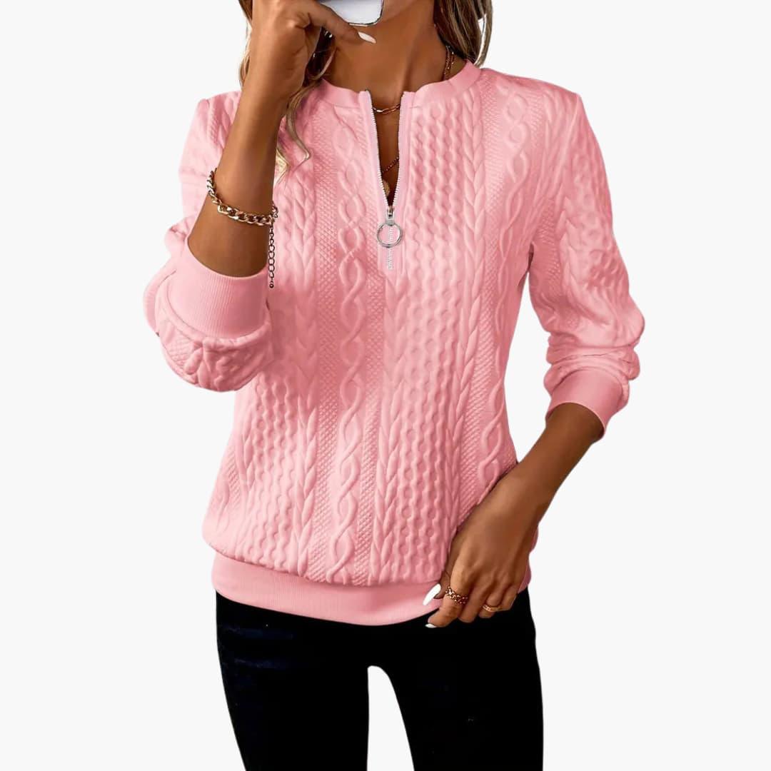 Cable Knit Zip Sweater – Women's Long Sleeve Pullover - IsabellaMae