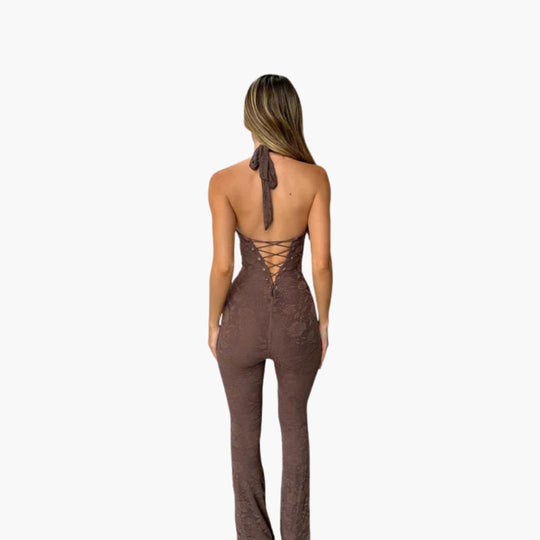 Women’s sleeveless jumpsuit with flared legs and lace-up front
