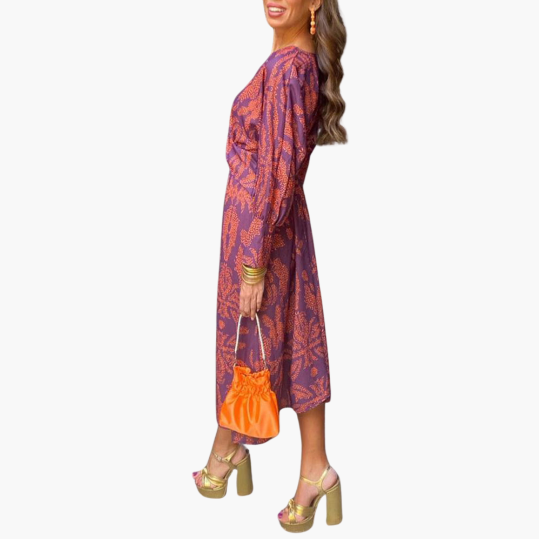 Printed Twist Front Midi Dress for Women – V-Neck & Long Sleeve