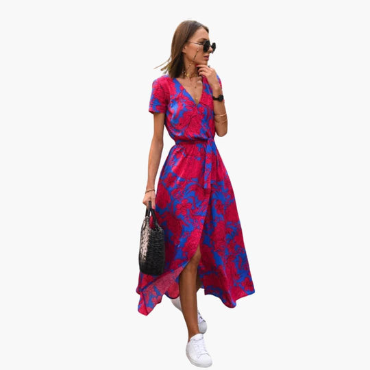 Floral Wrap Midi Dress with Tie Waist - Casual Dress for Women