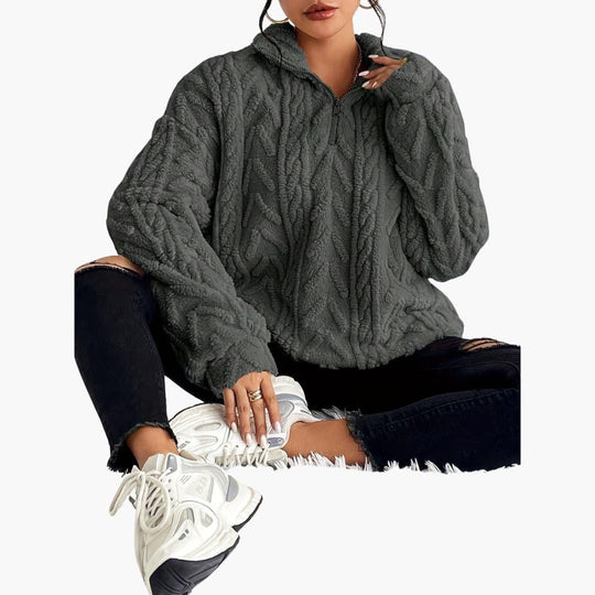 Cable Knit Half-Zip Fleece Sweatshirt - Cosy Fit for Women - IsabellaMae