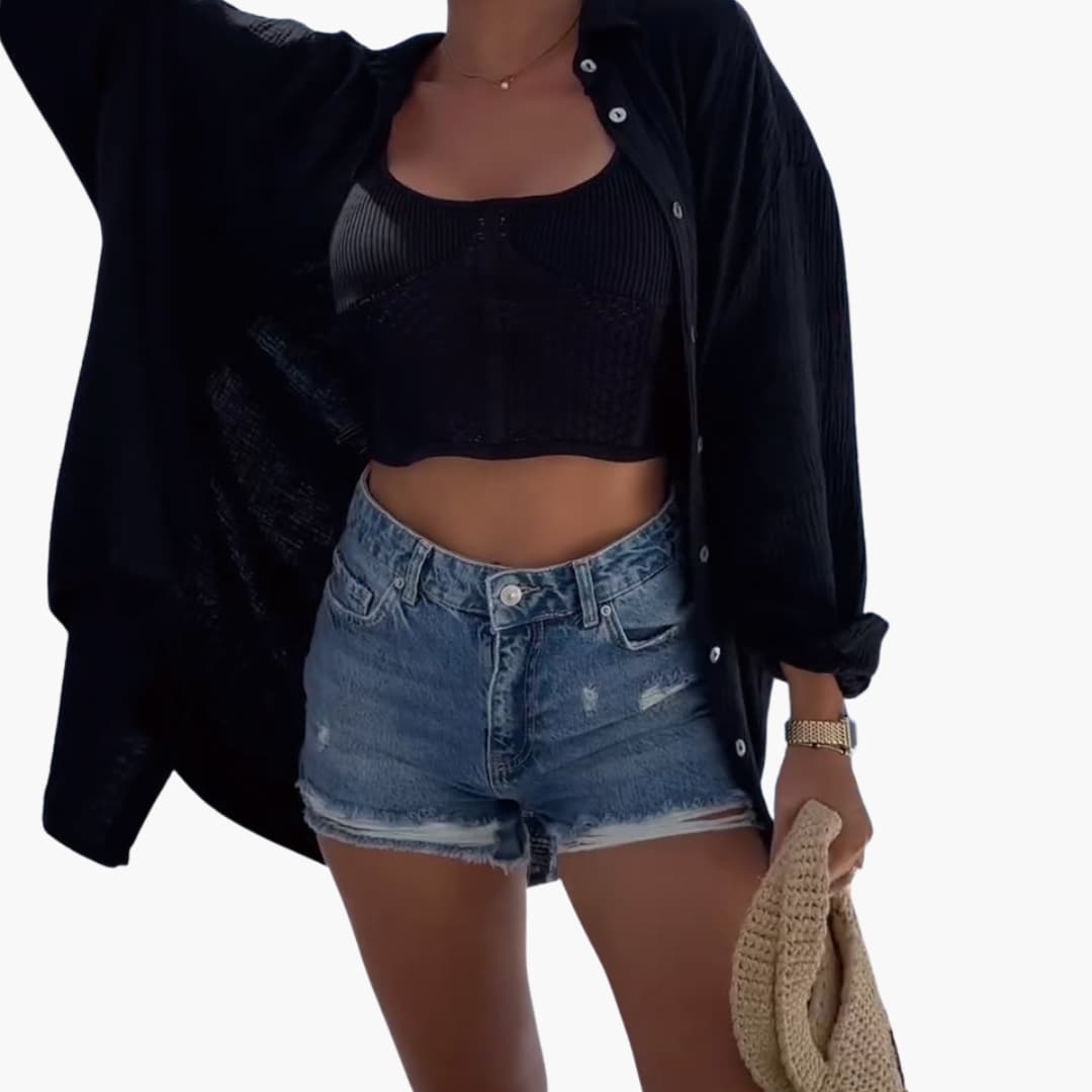 Women’s oversized beach shirt with long sleeves and sheer fabric