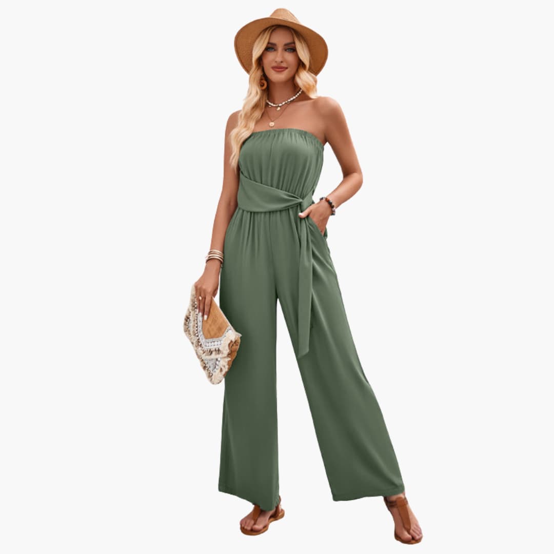 Women’s strapless summer jumpsuit with wide leg and waist tie