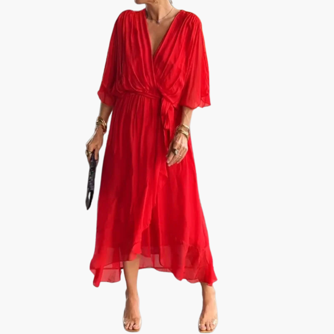 Chiffon Midi Dress with V-Neck and Belt - Women’s Stylish Wear