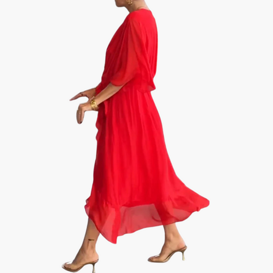 Chiffon Midi Dress with V-Neck and Belt - Women’s Stylish Wear
