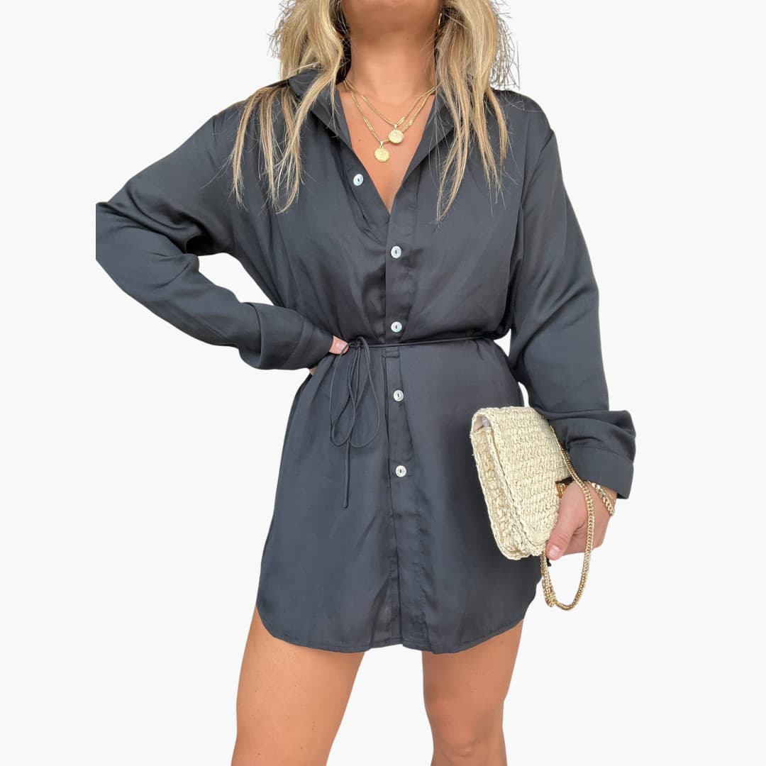 Women’s summer romper dress with long sleeves and drawstring waist