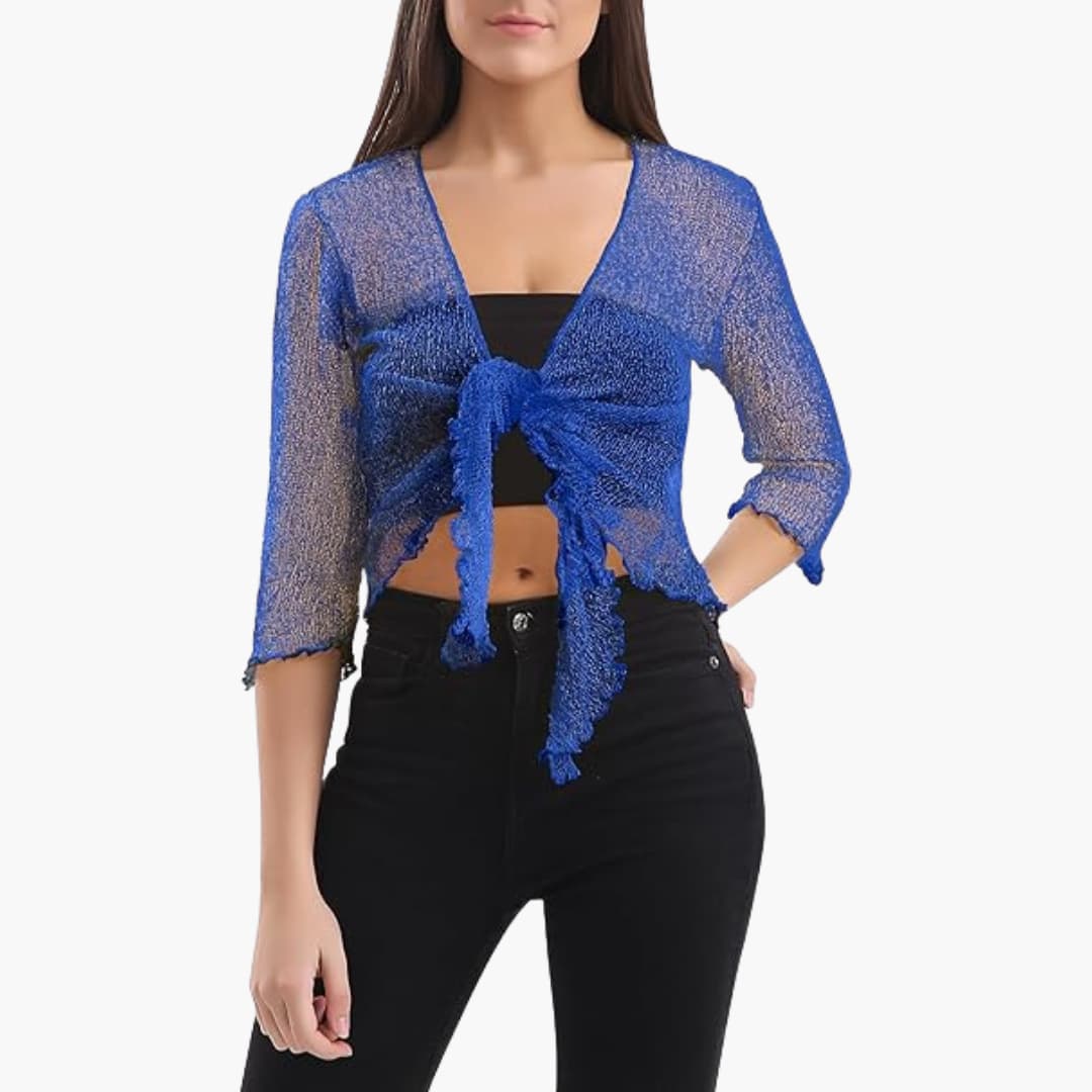Women’s sheer cropped tie-up shrug with three-quarter sleeves
