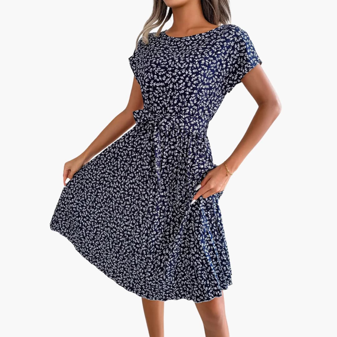 Summer Dress - Women’s Floral Belted Casual Knee-Length Fit