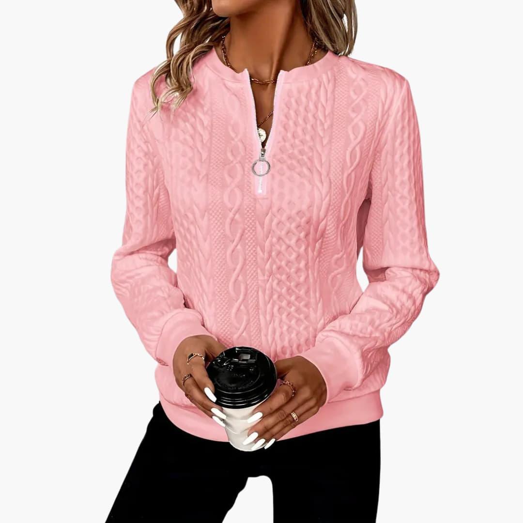 Cable Knit Zip Sweater – Women's Long Sleeve Pullover - IsabellaMae