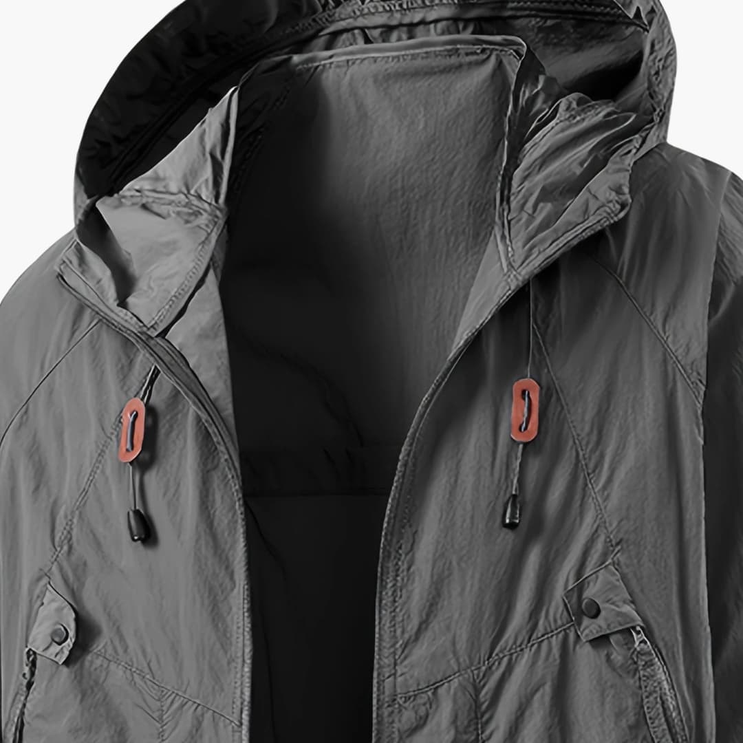 Unisex windbreaker jacket with hood and zip pockets for outdoors