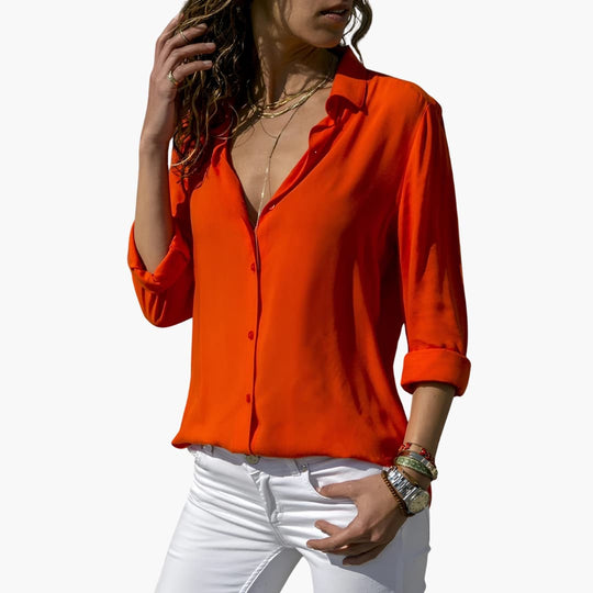 Women’s silk long sleeve blouse with collared V-neck front