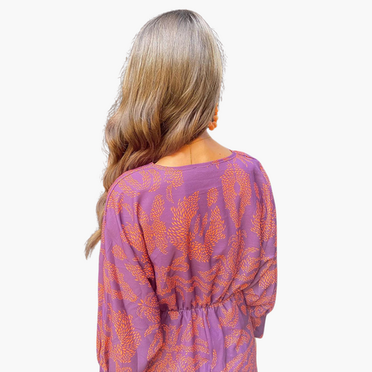 Printed Twist Front Midi Dress for Women – V-Neck & Long Sleeve