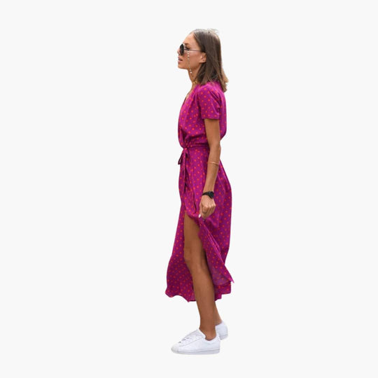 Floral Wrap Midi Dress with Tie Waist - Casual Dress for Women