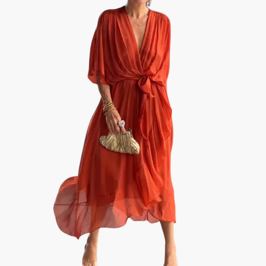 Chiffon Midi Dress with V-Neck and Belt - Women’s Stylish Wear
