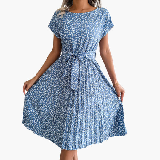 Summer Dress - Women’s Floral Belted Casual Knee-Length Fit