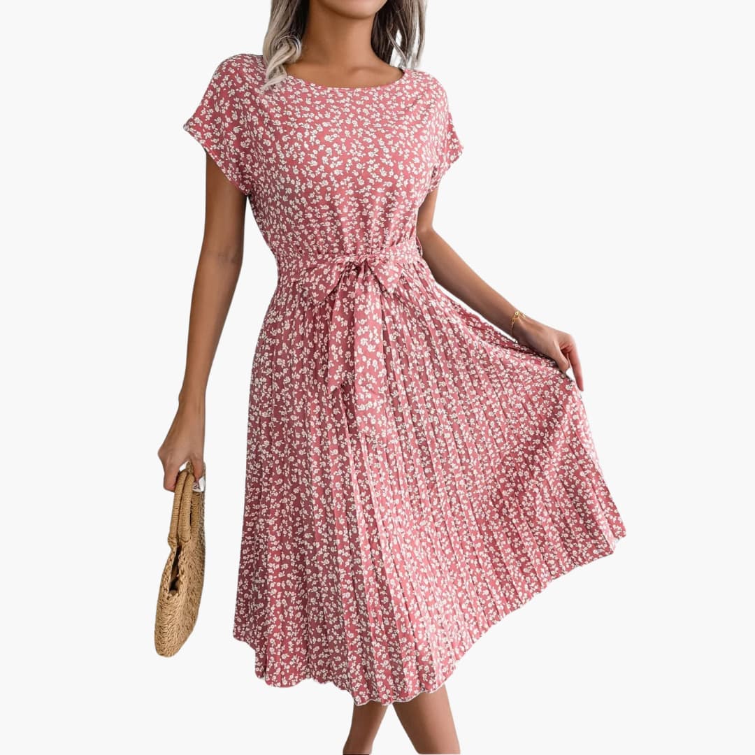Summer Dress - Women’s Floral Belted Casual Knee-Length Fit