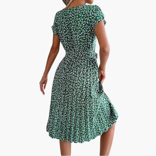 Summer Dress - Women’s Floral Belted Casual Knee-Length Fit