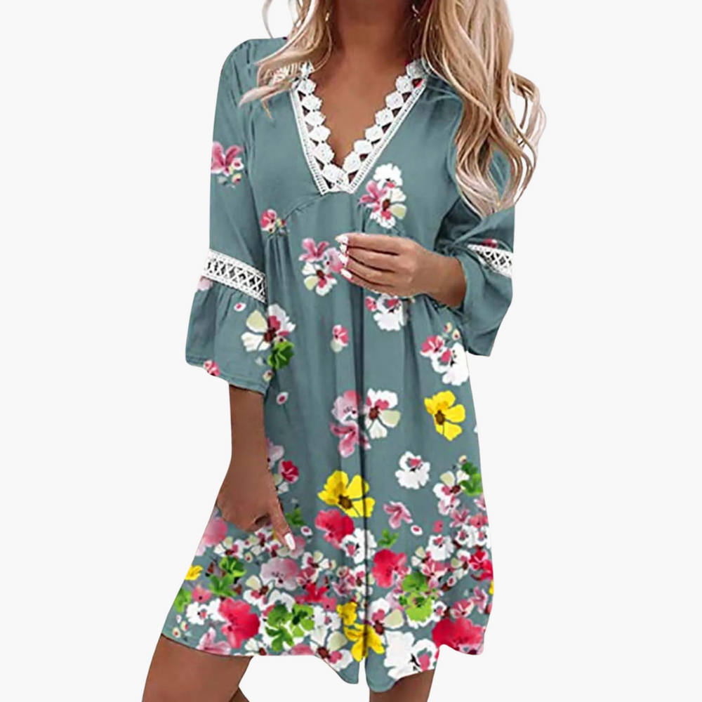 Casual Boho Mini Dress - Women’s Lightweight V-Neck Dress