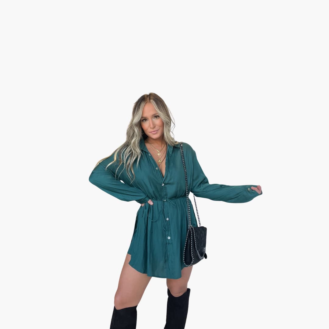 Women’s summer romper dress with long sleeves and drawstring waist