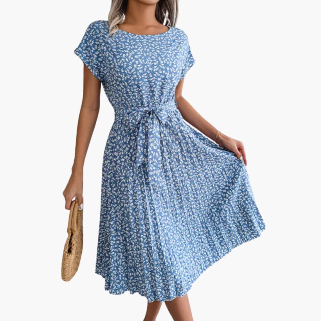 Summer Dress - Women’s Floral Belted Casual Knee-Length Fit