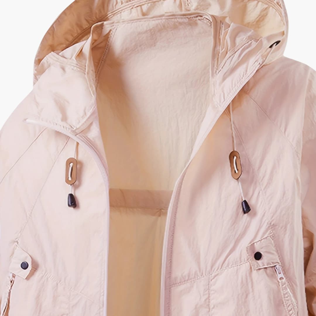 Unisex windbreaker jacket with hood and zip pockets for outdoors