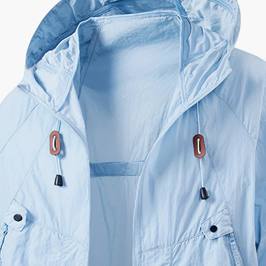 Unisex windbreaker jacket with hood and zip pockets for outdoors