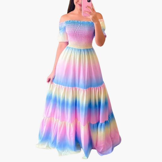 Off-shoulder layered summer dress - for women with pastel hues