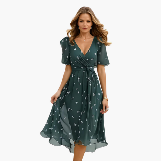 Women’s midi dress with V-neck and flared summer skirt