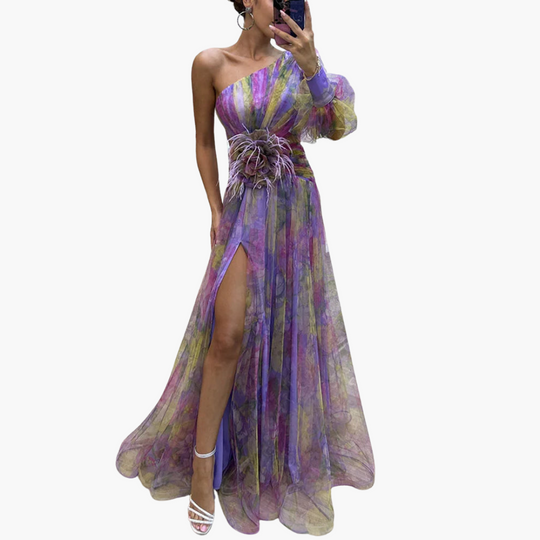 Elegant One-Shoulder Dress for Women - Floral Design with Slit