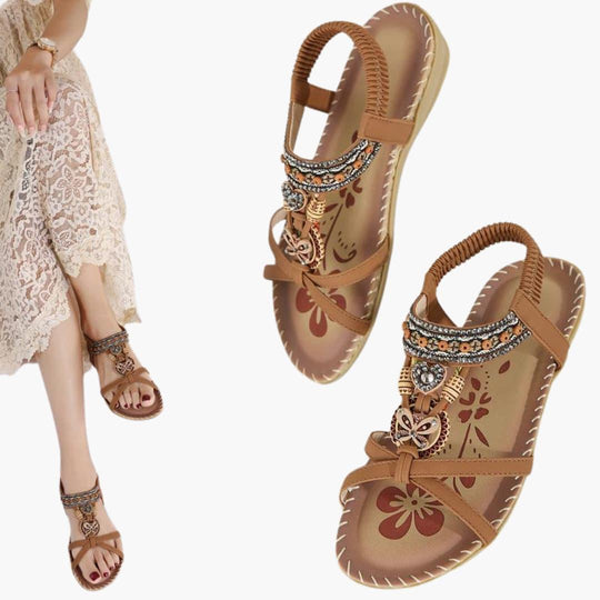 Beaded Boho Flat Sandals for Women – Elastic Strap Comfort - IsabellaMae